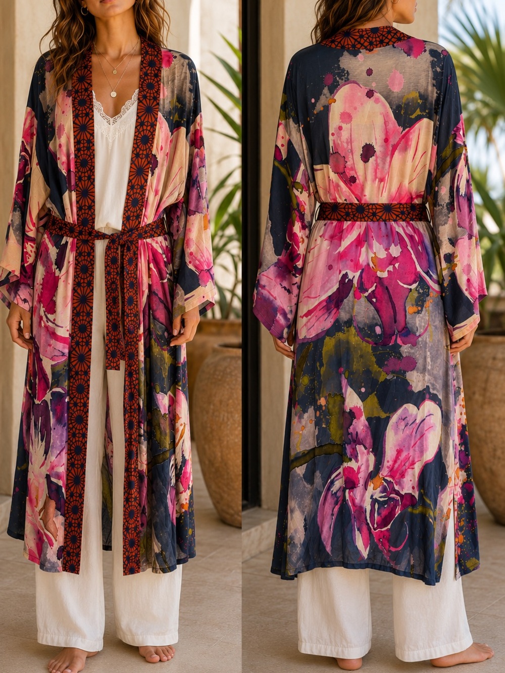 Powder UK Art to Wear Watercolor Orchid Belted Kimono Duster Resort Excellent OS